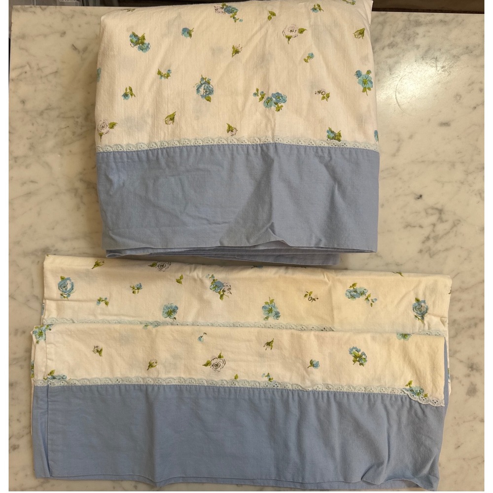 Vintage Sears Roebuck Blue Floral Full Flat Sheet 2 Pillowcases Cotton Muslin